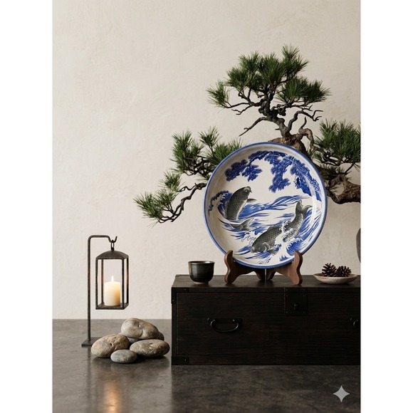 Vintage Japanese Blue and White Koi Fish Ceramic Charger Plate 12